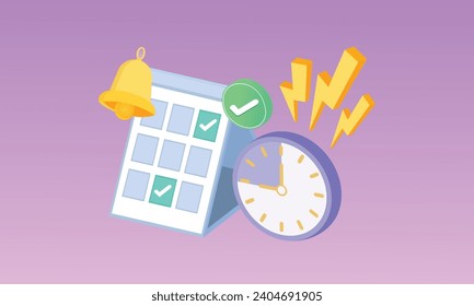 Calendario 3D marcado la fecha y hora del día del recordatorio. Calendario con reloj para cita programada, día de evento, concepto de planificación de vacaciones.3d hecho a mano.3d objetivo para tecnología, uso de medios sociales en línea.