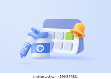 3d calendar marked date and time for reminder with pharmacy drug icon. Vaccination medical equipment, healthcare medicine. medical pharmacy medicament. 3d alarm clock icon vector render illustration