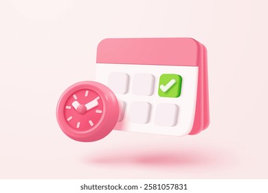 3d calendar marked date and time for reminder day in background. Calendar with clock for schedule appointment, event day, holiday planning concept. 3d alarm clock icon vector render illustration