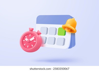 3d calendar marked date and time for reminder day in blue background. Calendar with clock for schedule appointment, event day, holiday planning concept. 3d alarm clock icon vector render illustration