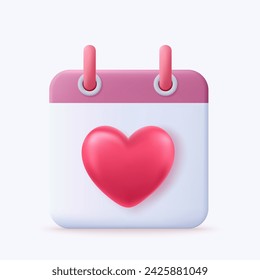 3d Calendar, notes reminder. Organizer Icon with red heart. Realistic Elements for romantic design 3d rendering. Vector illustration