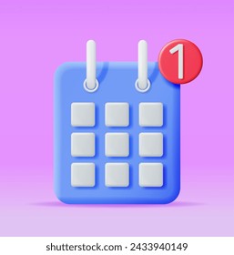 3D Calendar with Notification Alert Isolated. Render Square Calendar Icon. Schedule, Appointment, Organizer, Timesheet, Important Date. Reminder Notification Concept. Minimal Vector Illustration