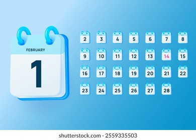 3d calendar numbers. Realistic flip calendars february 2025 year, month annual schedule today page for event check or business office agenda deadline time diary vector illustration original artwork