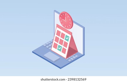3d calendar on the laptop screen.on Pastel Blue background.3d handmade.3d vector icon for technology,business illustration.