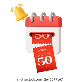 3d calendar is printing vouchers with coupon code and ringing yellow bell, isolated on white background. Monthly coupon concept notification in 3d vector
