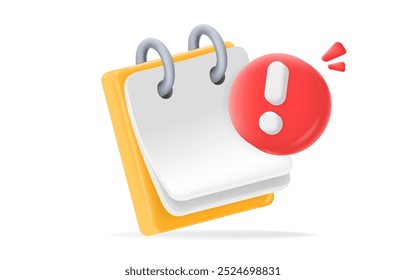 3d Calendar with a red exclamation mark, symbolizing important reminders for deadlines, vector illustration