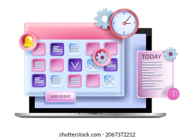 concepto de evento de programación de calendario 3D, plan de cita de gestión de tiempo vectorial, pantalla de portátil, reloj. Agenda de educación laboral, planificación de proyectos de negocios en línea, aplicación de reunión de personas digitales. icono de calendario 3D