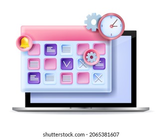 3D calendar schedule planning concept, vector online event agenda illustration, laptop screen, clock. Web education daily work project management, office routine process timetable. 3D calendar icon