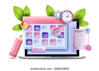 3D Calendar Schedule Vector Illustration, Online Event Planning Concept, Work Education Agenda, Laptop. Digital Business Task Project Planner, Today Person Meeting Timetable. 3D Business Web Calendar