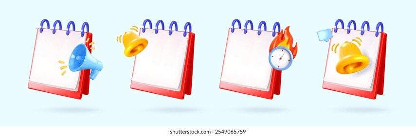 3d calendar set. Calendar with megaphone, bell and clock. Concept of planning, meetings, events reminder time and date. Vector illustration