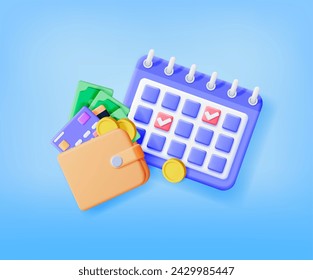 Calendario 3D y Cartera con Dinero Aislado. Render Time es el concepto de dinero. Ingresos Anuales, Inversión Financiera, Ahorro, Depósito Bancario, Ingresos Futuros, Beneficio De Dinero Empresarial. Ilustración vectorial