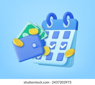 3D Calendar with Wallet and Money Coin. Check in every day and get bonus and cash prize. Plan payment concept. 3d rendering. Vector illustration