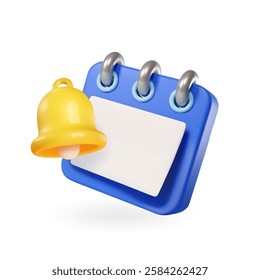 3D calendar with yellow bell. Reminder icon, event meeting planner. Calendar planning with alert bell, plan concept. 3d Cartoon vector isolated