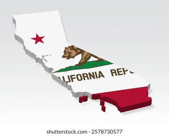 3D  California map with flag. Three dimensional map of State California with shadow. Flag of California on white background for your design, app, UI. United States. Stock vector. EPS10. 