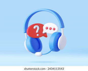 3D Call center. Headphones with speech bubble message with question mark. Online customer support. FAQ concept. Chatbot for asking help. 3d rendering. Vector illustration