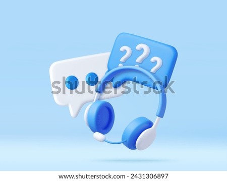 3D Call center. Headphones with speech bubble message with question mark. Online customer support. FAQ concept. Chatbot for asking help. 3d rendering. Vector illustration