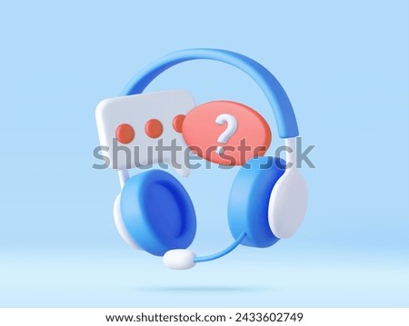 3D Call center. Headphones with speech bubble message with question mark. Online customer support. FAQ concept. Chatbot for asking help. 3d rendering. Vector illustration