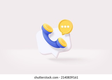 3d call center icon and bubble talk on white background. Talking with service call support hotline and call center icon 3d concept. 3d vector render telephone for contact center on isolated background