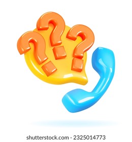 Icono 3d centro de llamadas con un signo de interrogación. Ilustración vectorial de las preguntas frecuentes y los símbolos QA 3d representados en el estilo de dibujos animados. Asistencia técnica por teléfono con respuestas a preguntas.