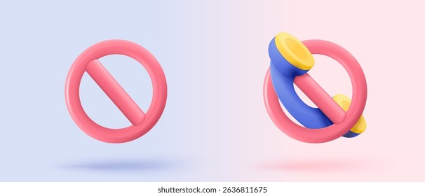 Central de chamadas 3d com ícone de parada. sem entrada, problema, aviso de falha no telefone. Conversando com a linha direta de suporte de serviço e o call center. ilustração de renderização de vetor de ícone de telefone 3d para contato com o cliente