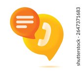 3D Call Center Support Icon – Telephone Handset and Speech Bubble Cloud Symbol for Communication and Customer Service Vector