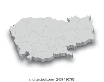 3d Cambodia white map with regions isolated on white background