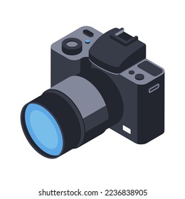 3d camera icon with lens. Professional photography device, dslr. Photo equipment with optics and shutter. Isolated object on white background. Vector illustration in isometric style
