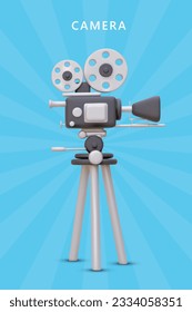 3D camera on blue background. Glowing effect. Video studio advertising template. Concept of invitation to event, premiere, session. Movie festival layout