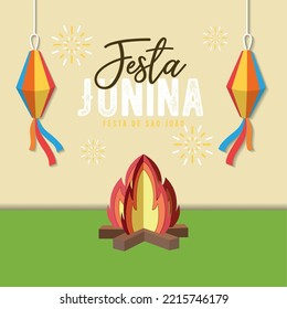 3d campfire with decorations Festa Junina poster Vector