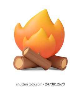 3d campfire with wooden logs. Bonfire in simple plastic style. Isolated vector cartoon element, flame illustration.