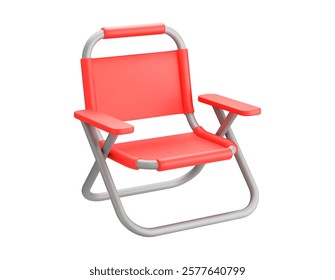 3d camping chair red color. Foldable portable chair for picnic or rest. Stock vector illustration on isolated background.