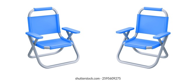 3d camping chairs blue color. Foldable portable chair for picnic or rest. Stock vector illustration on isolated background.