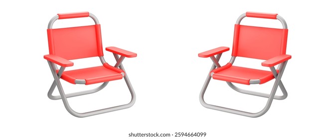 3d camping chairs red color. Foldable portable chair for picnic or rest. Stock vector illustration on isolated background.