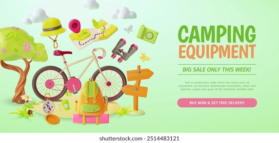 3d Camping Equipment Big Sale Travel and Tourism Concept Ads Banner Poster Card. Vector illustration of Bicycle and Binoculars