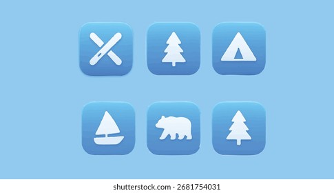 3D camping icons set in blue. Minimalist symbols of tent, trees, bear, canoe, and campfire. Perfect for outdoor adventure, travel, hiking, and navigation app design