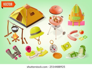 3d Camping Set Travel and Tourism Concept Cartoon Design Style Include of Tent, Backpack, Compass and Map. Vector illustration