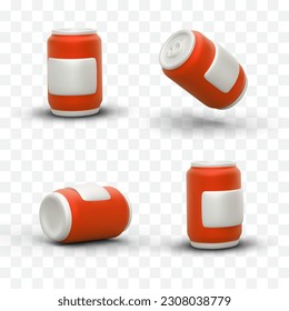 3D can for carbonated drinks. Red can for beer, soda. Set of illustration of red can from different angles. Bottom, lid, side view. Icons for web design