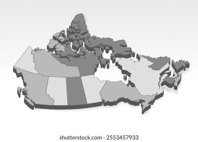 3D  Canada  map with all States and Territories in gray. Three dimensional map of Canada with shadow on white background for your design, app, UI.  EPS10. 