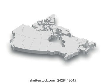 3d Canada white map with regions isolated on white background