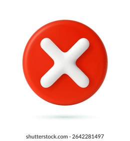 3d Cancel cross icon isolated over white background. 3D rendering. Red cross check mark icon button and no or wrong symbol on reject cancel sign button. Vector illustration