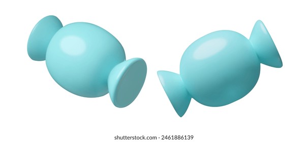 3d candies icons in light blue wrappers. Minimal, geometric three dimensional vector sweets shape. Vector illustration isolated on white background.