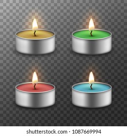 3d candles set. Realistic burning candles isolated on transparent background. Vector illustration