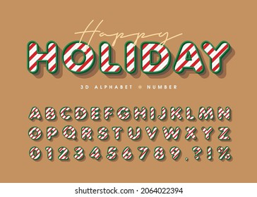 3D candy cane alphabet letters and number. Trendy Christmas or Xmas round font. Modern holidays typography for poster, web design, invitation, greeting card, graphic print, product packaging, etc. 