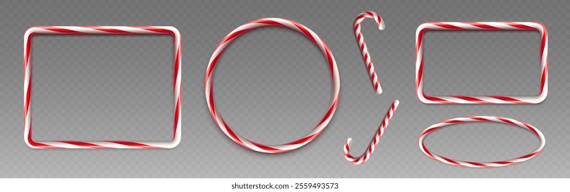 3D candy cane frames set isolated on transparent background. Vector realistic illustration of round, rectangle, oval shape striped caramel borders for Christmas card or holiday banner decoration