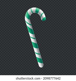 3D Candy Cane. Realistic green and white striped sugar cane isolated on transparent background. Vector Lollipop Design Element.