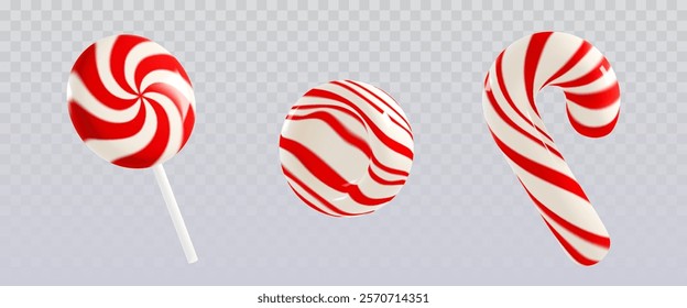 3D candy collection - peppermint lollipop with spiral pattern, round striped sweet and curved Christmas cane. Realistic red and white striped confectionery design elements for festive decoration.