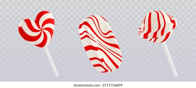 3D candy collection showing heart shaped lollipop with spiral pattern, oval striped sweet and round peppermint treat on stick. Red and white confectionery decoration for festive or candy shop design.