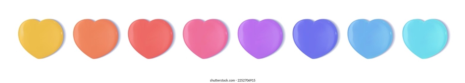 Juego de globos de corazón de caramelos 3d. Icono de amor rosa, amarillo, naranja, púrpura, azul multicolor. Conjunto de elementos lustrosos adorables de San Valentín. Me gusta el botón png.