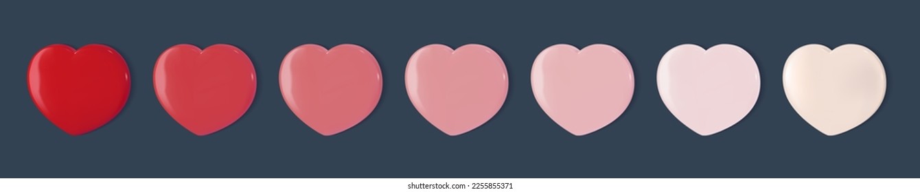 Juego de globos de corazón de caramelos 3d. Los iconos de amor rosa van del blanco al rojo magenta. Conjunto de elementos lustrosos adorables de San Valentín. Me gusta el botón png.