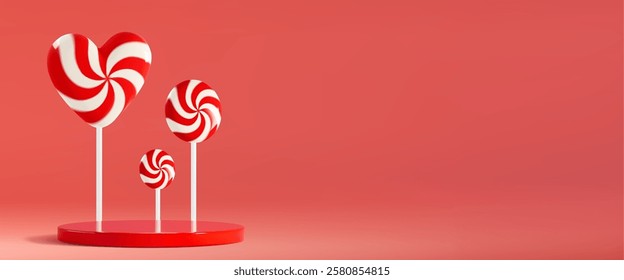 3D candy podium decorated with spiral lollipops in heart and circular shapes on red background. White peppermint swirl pattern of sweet treats on sticks. Display setup for confectionery presentation.